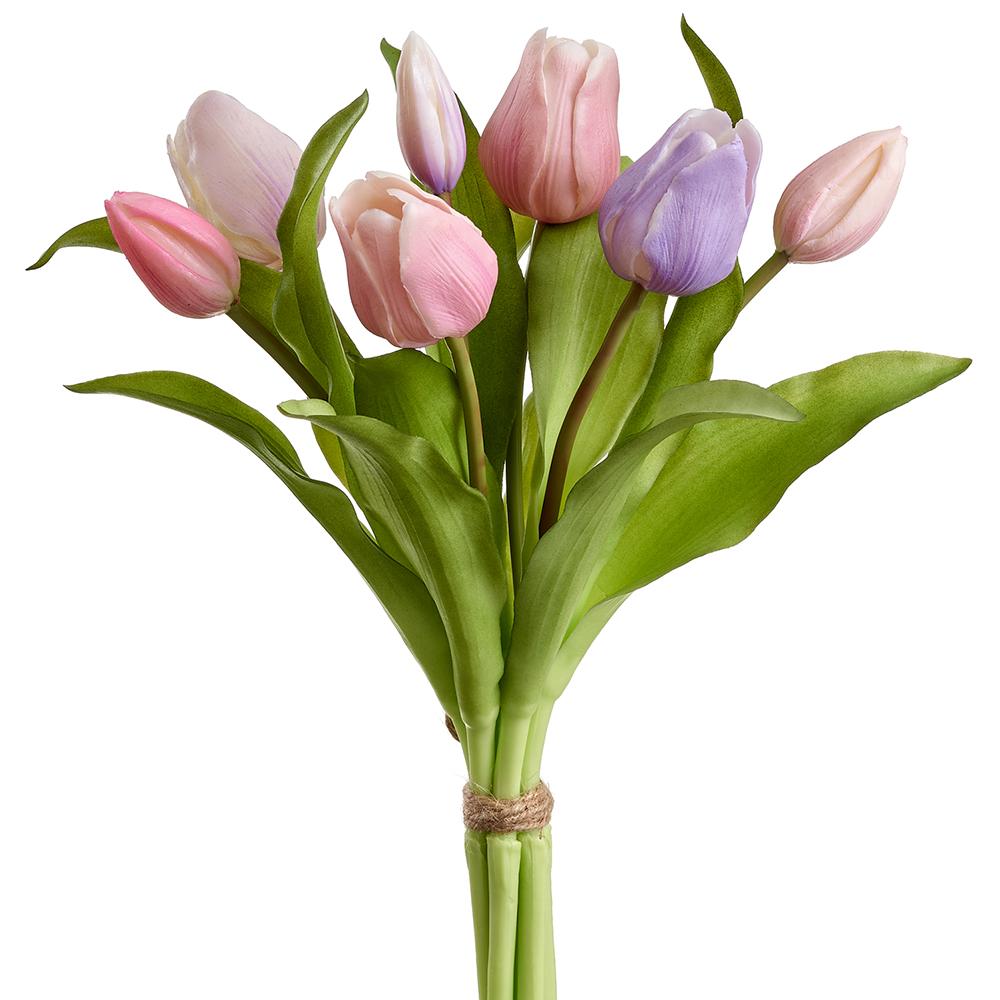 Mixed tulip arrangement in lavender and rose plastic vase with wire stems