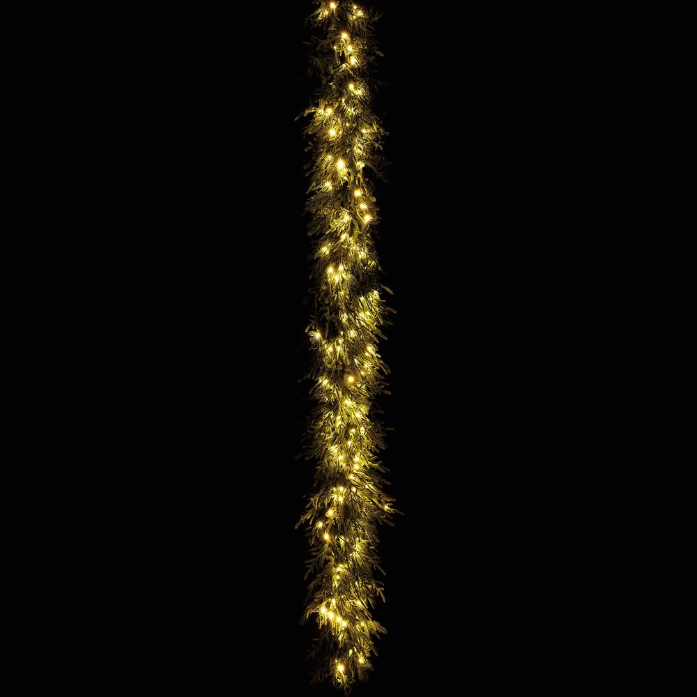 9-foot green willow pine garland with 200 warm white LED twinkle lights against a black background.