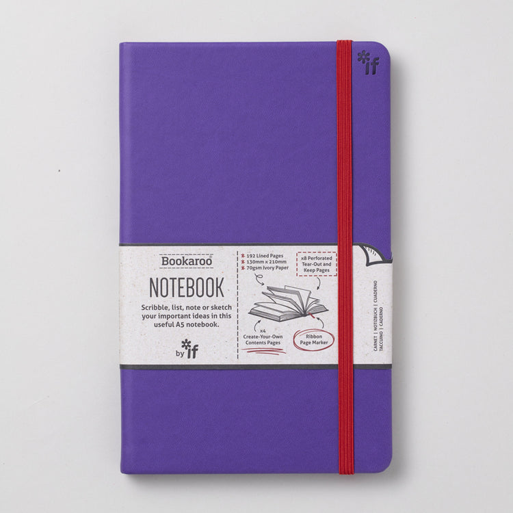 Hardback A5 journal with soft PU cover, lined pages, ribbon bookmark, and elastic strap.
