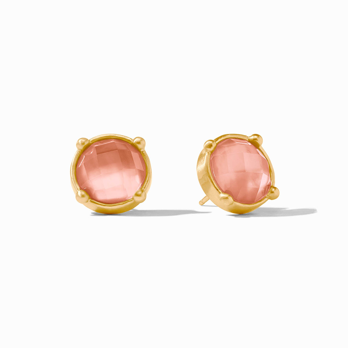 Gold honey stud earring with rose-cut imported glass gemstone in a hammered bezel setting.