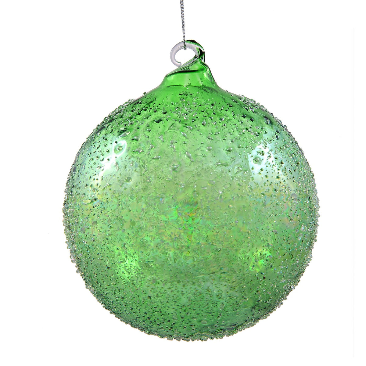 Large 150mm green glass ball ornament with a textured, beaded surface and a clear hanging loop.