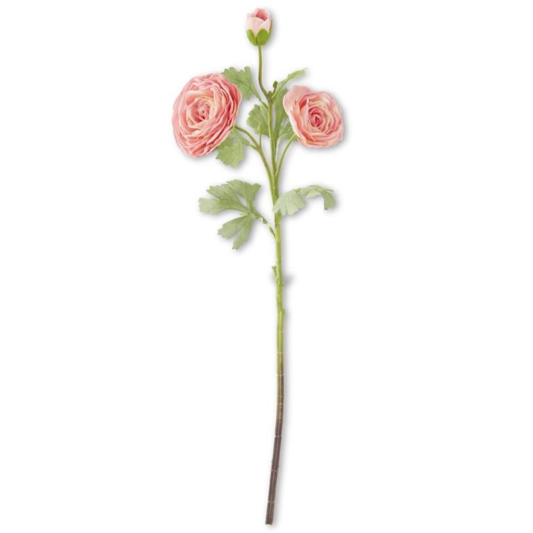 Artificial ranunculus flower head with triple bloom gradient petals in fabric material.