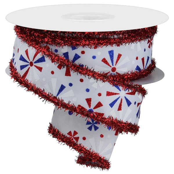 White, red, and royal blue vintage pinwheel tinsel ribbon made from polyester.