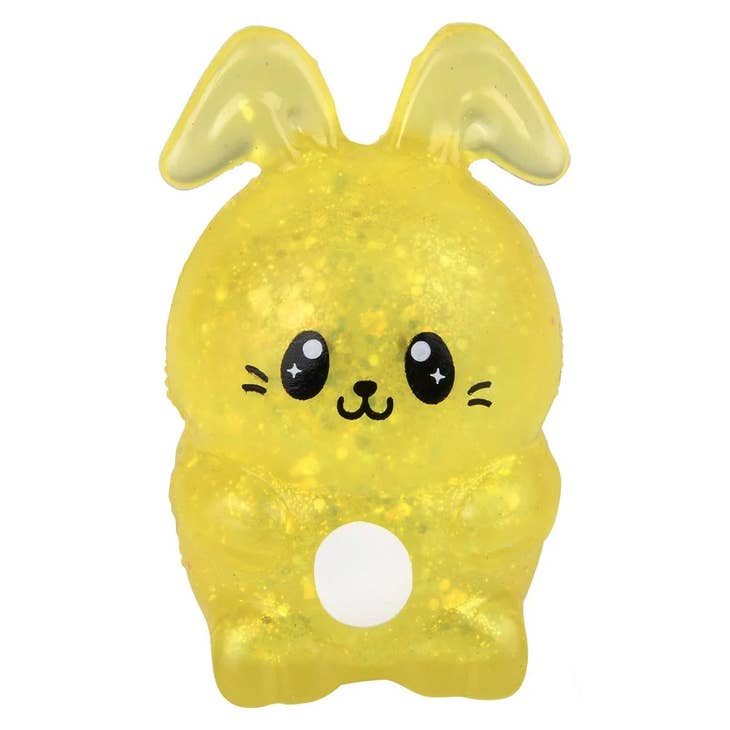 Squeezy Sugar Easter Bunny squishy toy in pastel pink with white ears and a carrot detail.