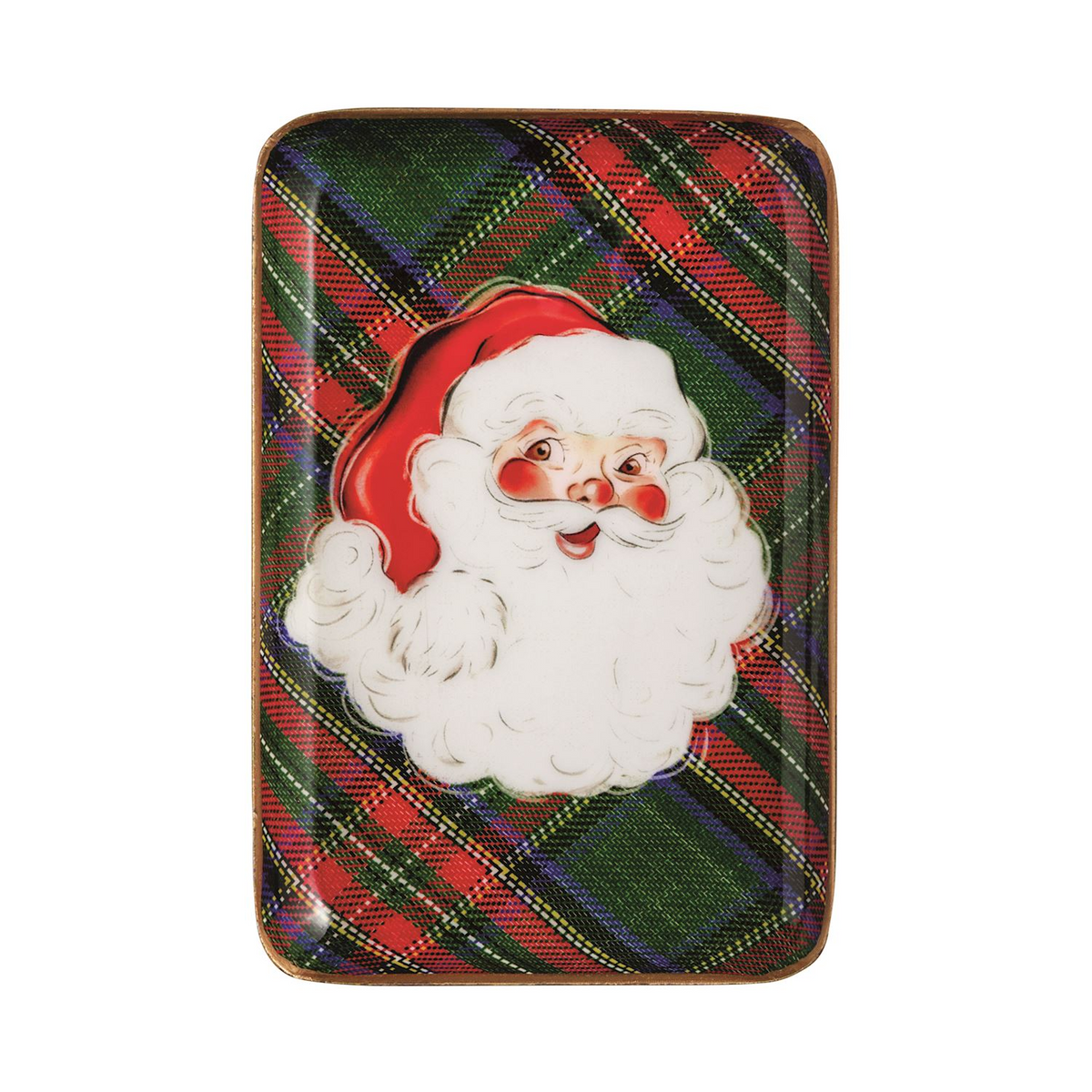 Rectangular metal tidbit tray with a green and red tartan pattern and a vintage Santa Claus face.