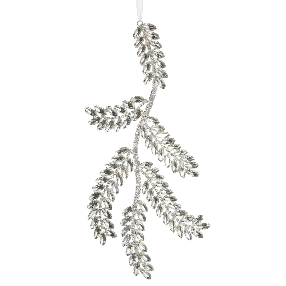 10-inch clear jewel pine branch ornament with sparkling faceted crystals on a silver stem.