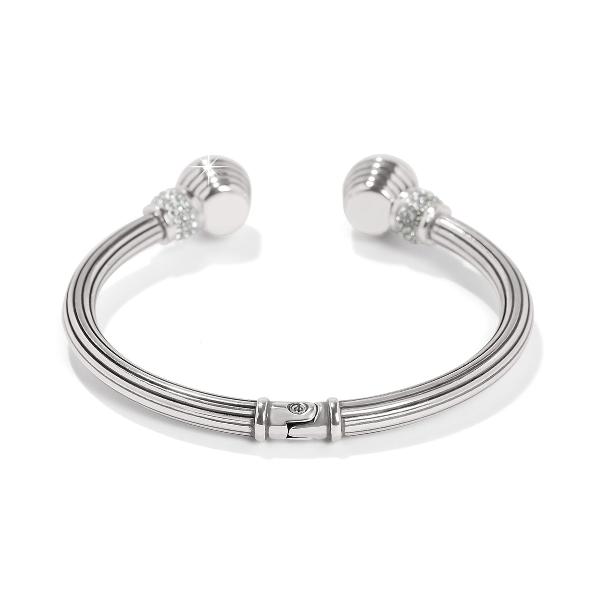 Silver-plated Meridian Aurora Petite Hinge Bangle with crystal accents and ribbed design.