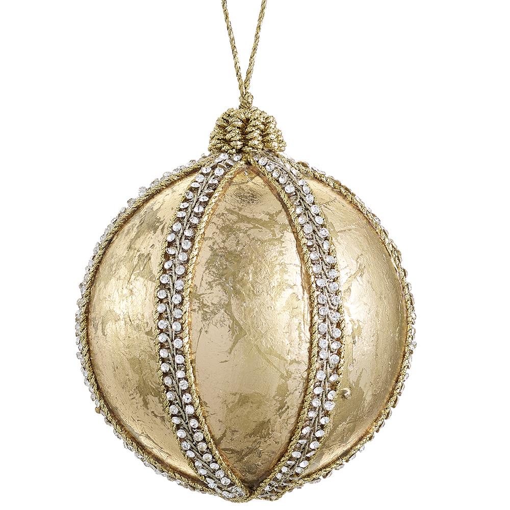 Gold diamond-trimmed ball ornament made with metallic yarn.