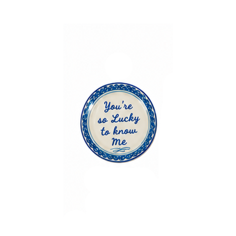 Round hand-painted stoneware magnet with blue script reading "You're so Lucky to know me".