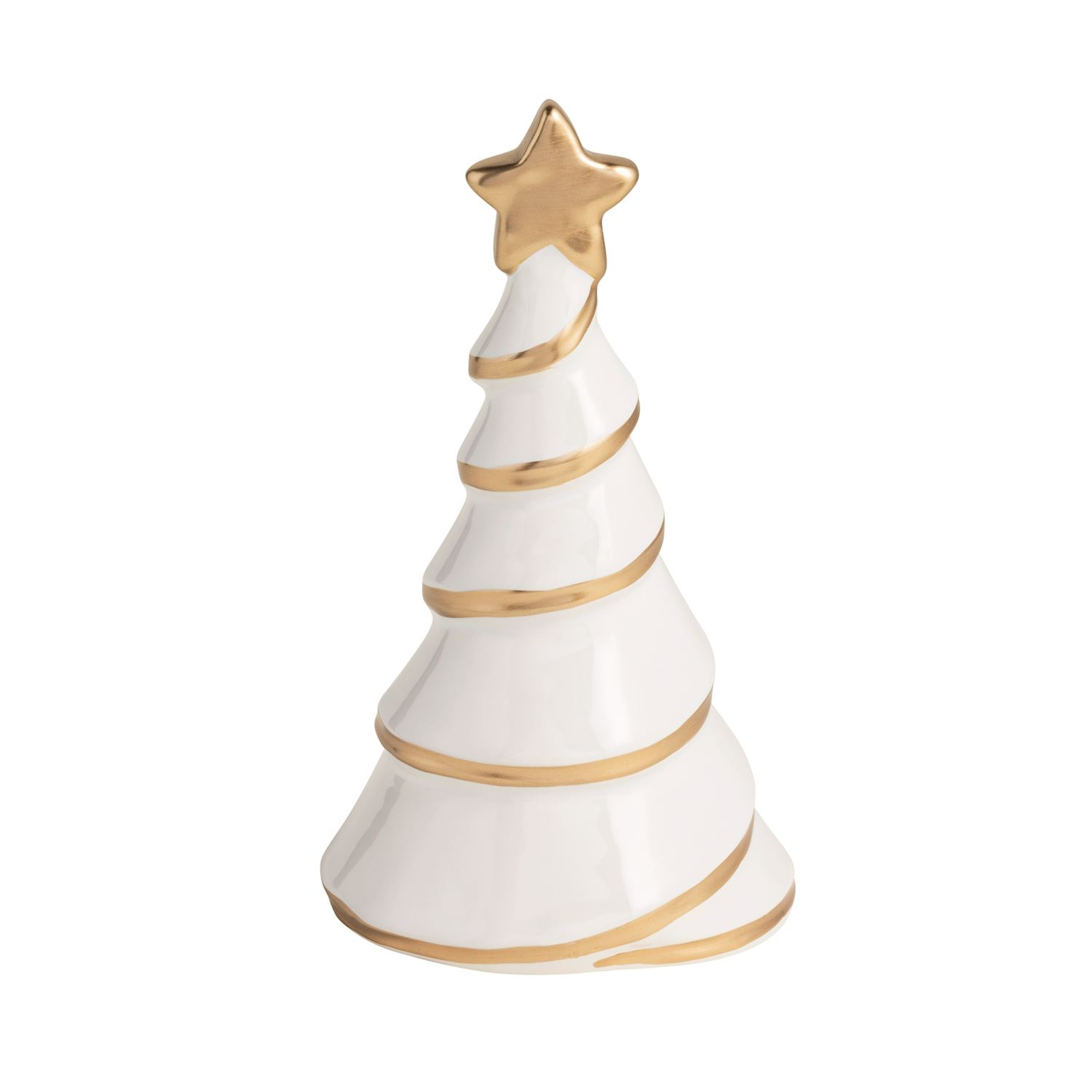 White stoneware Christmas tree sitter with hand-painted gold spiral trim and a gold star topper.