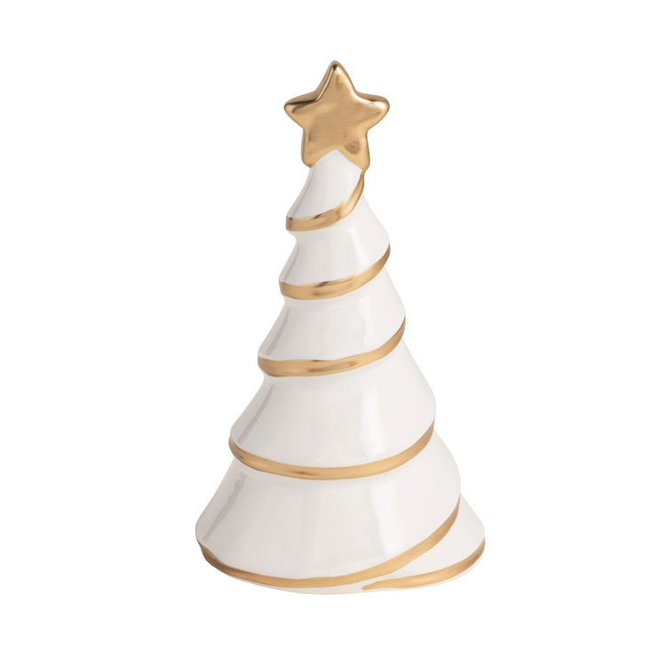 White stoneware Christmas tree sitter with hand-painted gold spiral trim and a gold star topper.