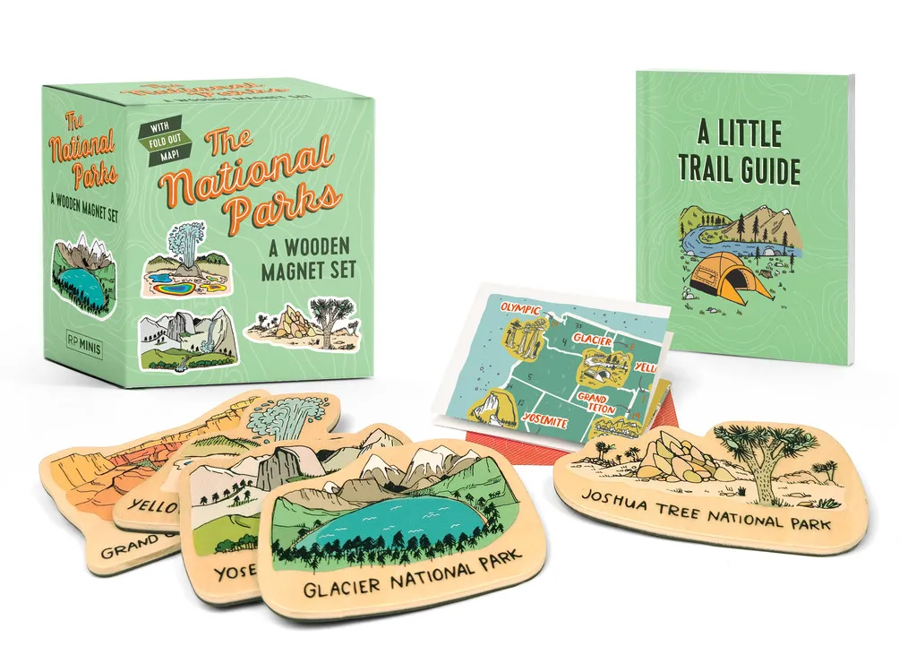 The National Parks wooden magnet set with 5 park magnets, a foldout map, and a mini trail guide.