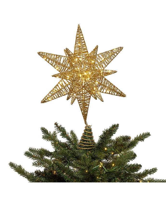 Pre-lit gold starburst treetop decoration with warm white micro LED lights on an iron frame.