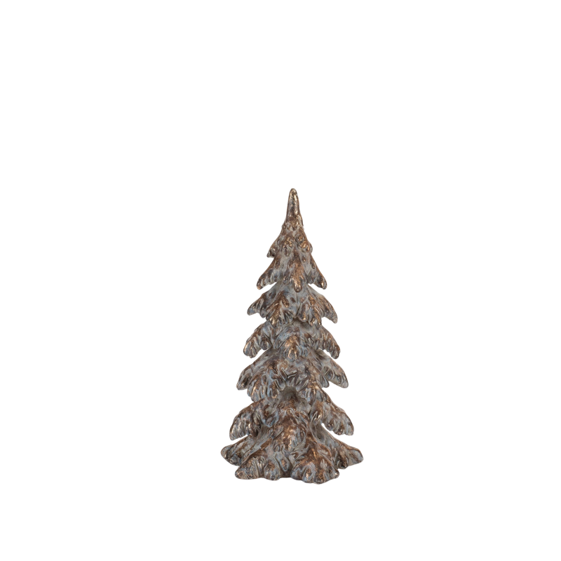 Textured bronze-colored resin Christmas tree figurine with a rustic, metallic finish.