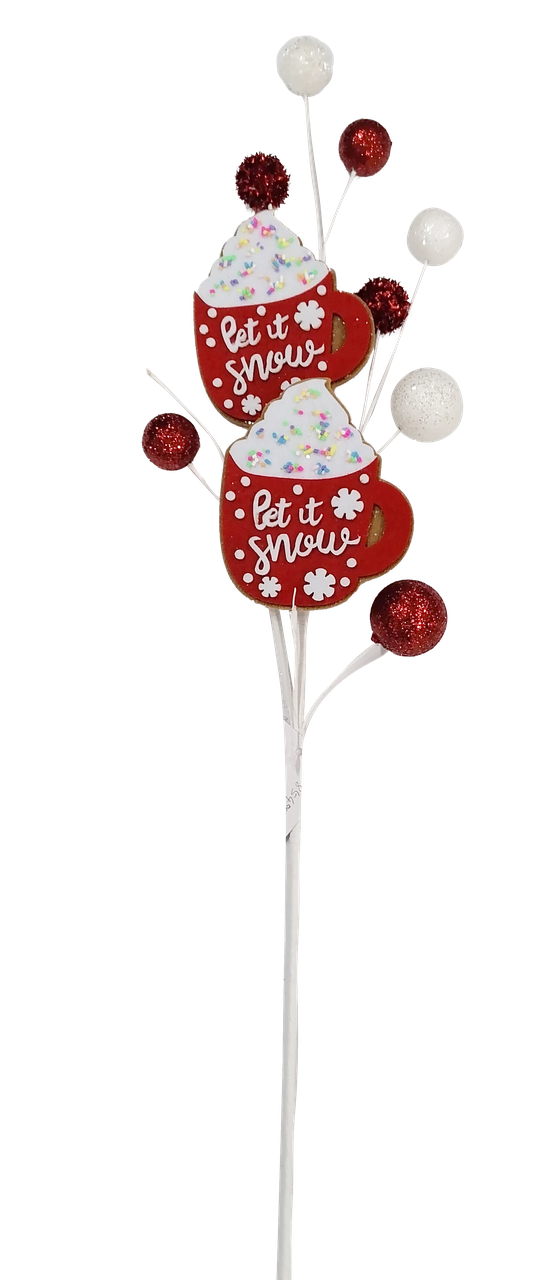 Hot Cocoa Ball Spray featuring two red mugs with 'Let it snow' text and glittery ball accents.