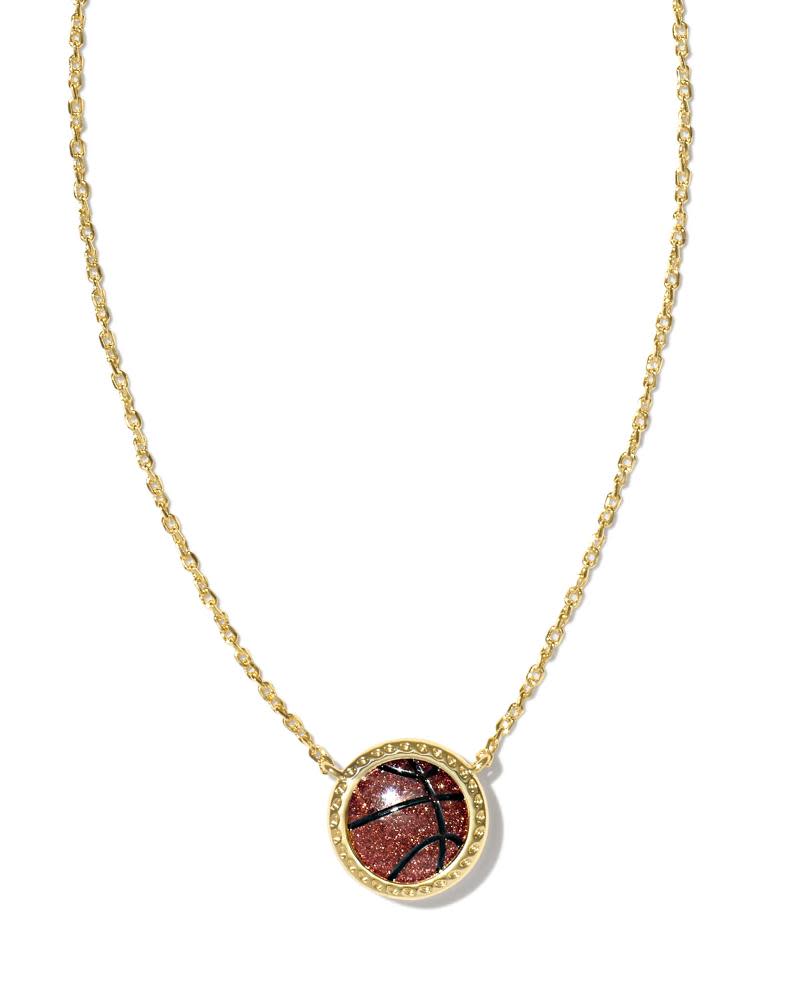 Basketball short pendant gold necklace with a shimmering orange goldstone basketball charm.