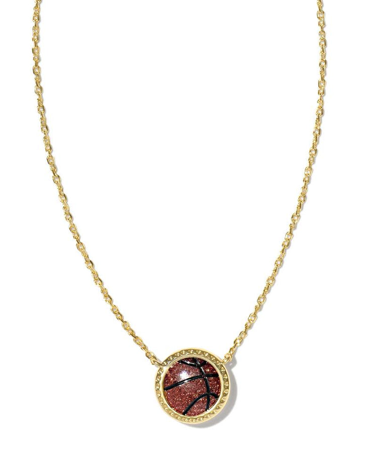 Basketball short pendant gold necklace with a shimmering orange goldstone basketball charm.