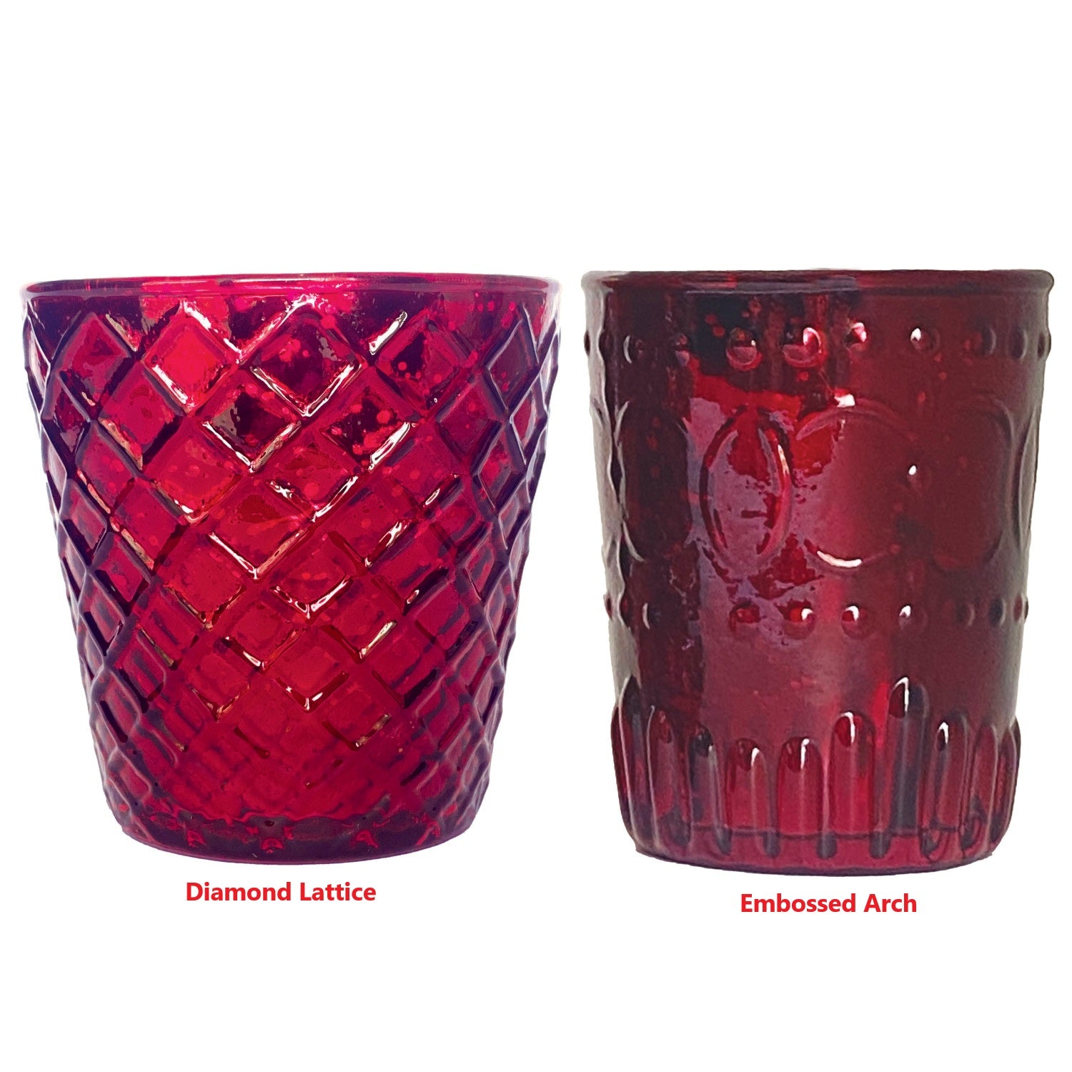 Two red mercury glass votive holders in Diamond Lattice and Embossed Arch patterns.