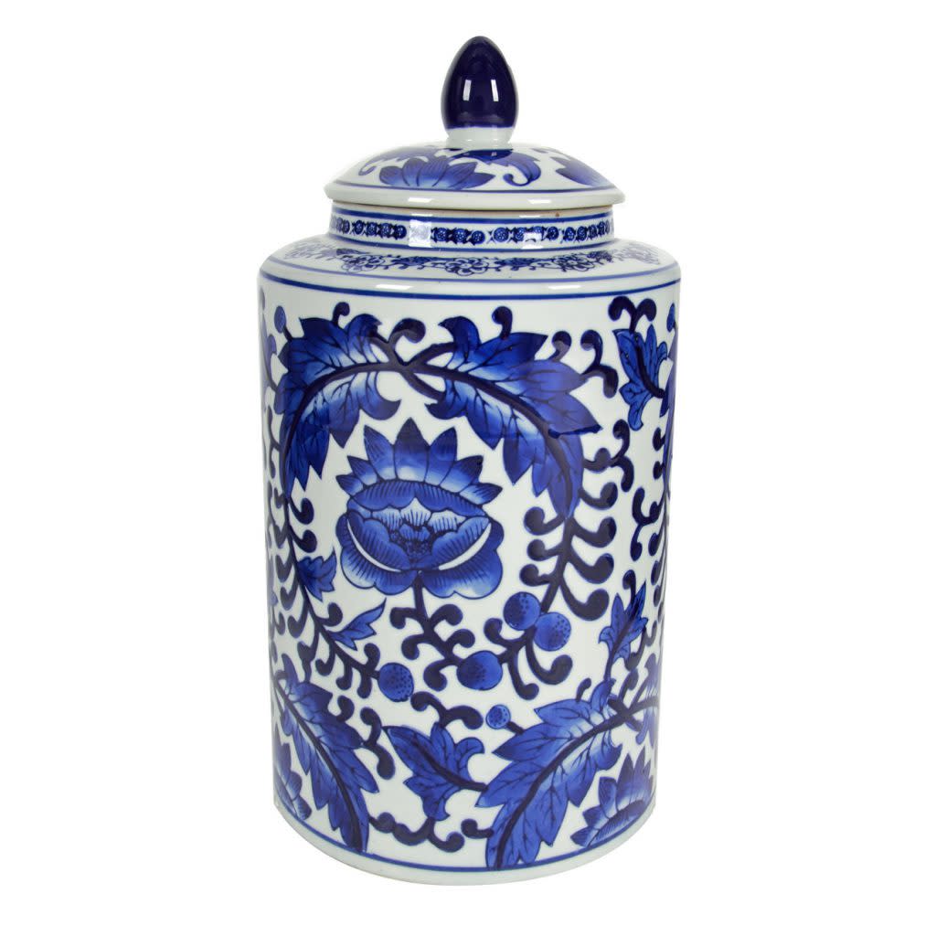 Aline tall round porcelain jar with lid featuring blue floral flourishes on a white background.
