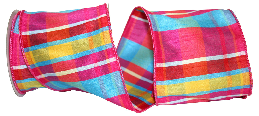 Ribbon - Plaid Dupioni Hot Pink Wired Edge, Hot Pink, 4 Inch, 10 Yards