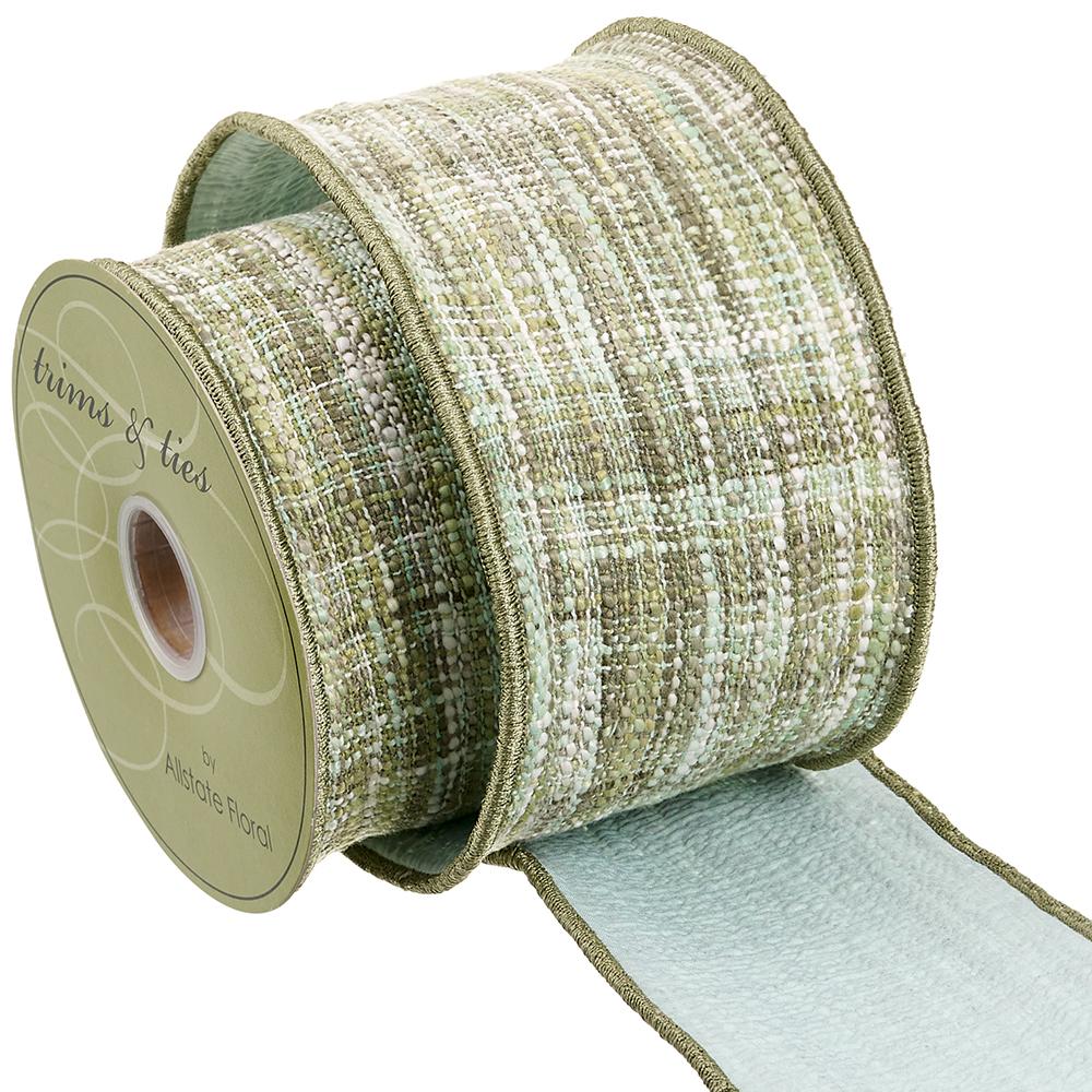 4-inch wide green cotton slub ribbon roll with a textured weave and wired edges.