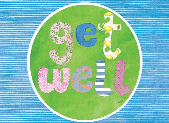 Greeting card with 'get well' in patterned letters on a green circle and blue striped background.