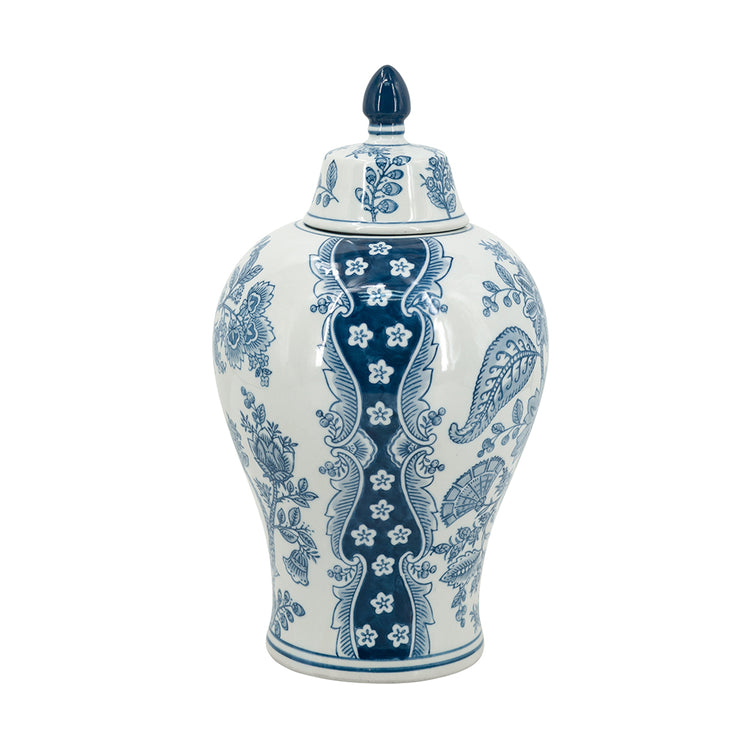 14.5 inch white porcelain lidded jar with blue floral and paisley patterns.