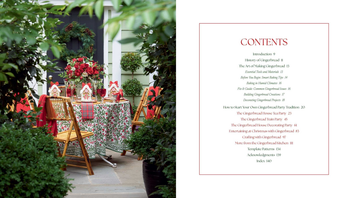Table of contents for The Gingerbread Party book next to a festive outdoor holiday table setting.