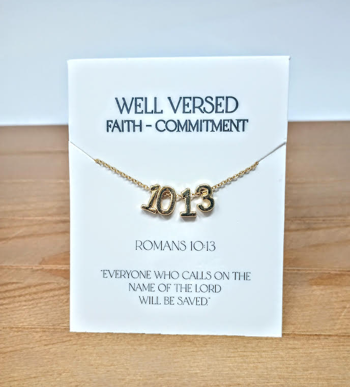 Gold plate necklace with verse numbers on a 15-inch chain featuring a 2-inch extender.