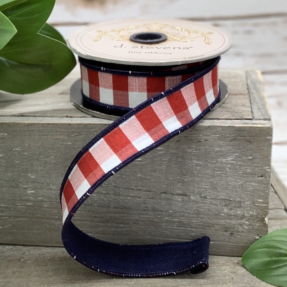 Red-white-blue ribbon faux dupion check fabric roll measuring one inch wide.