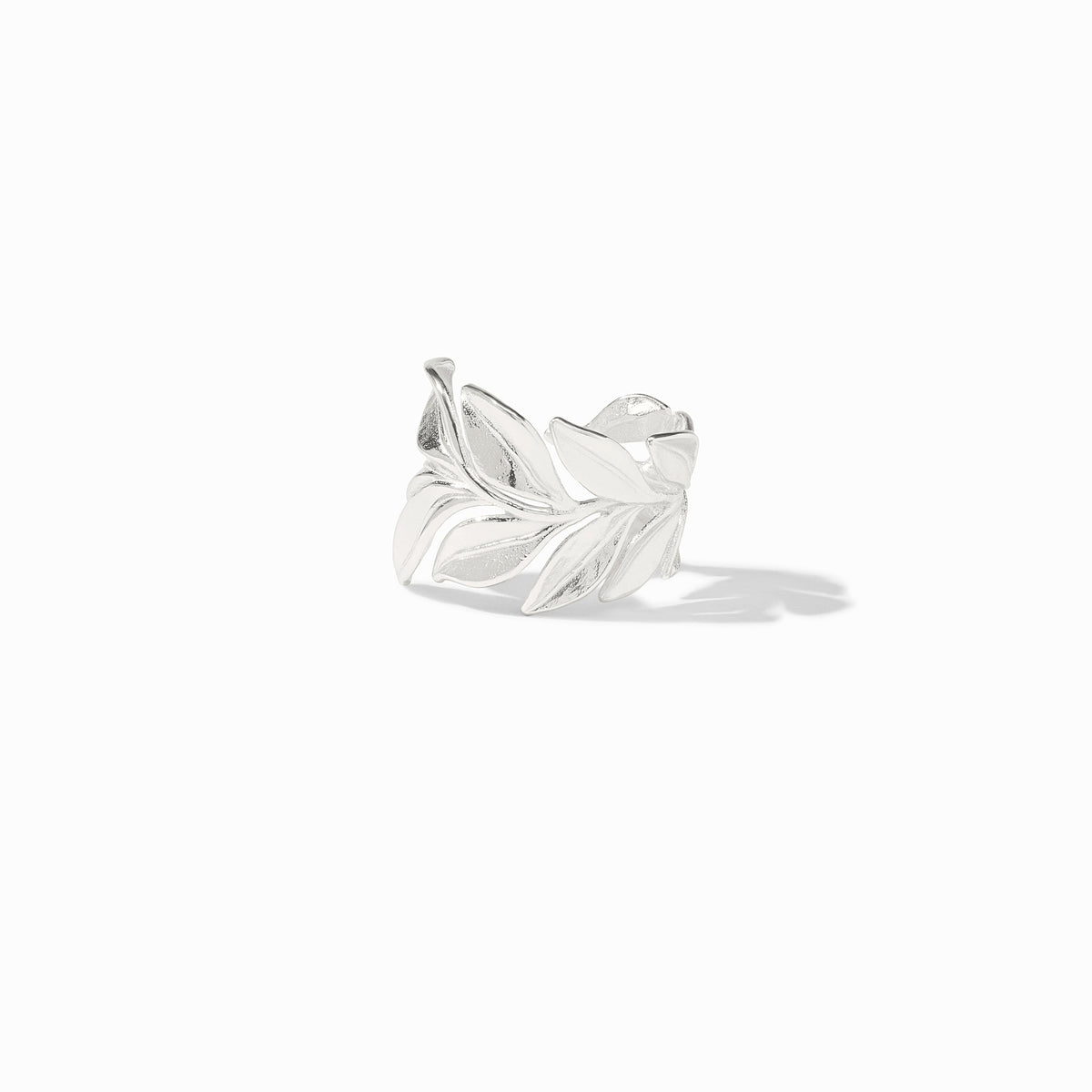 Adjustable silver Willow ring with organic leaf-shaped band.