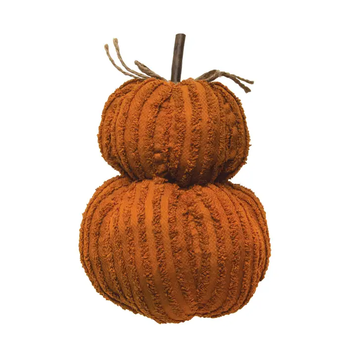 Mini orange pumpkin stack made of textured fabric with a stick stem and jute bow.