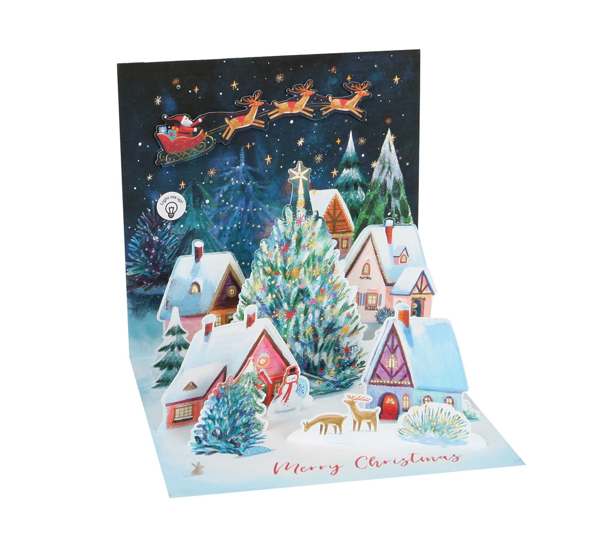 Pop-up Christmas card with a glowing village scene, Santa in a sleigh, and reindeer.
