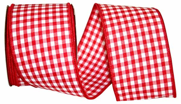 Red gingham check wired edge ribbon with a 2-1/2 inch width.