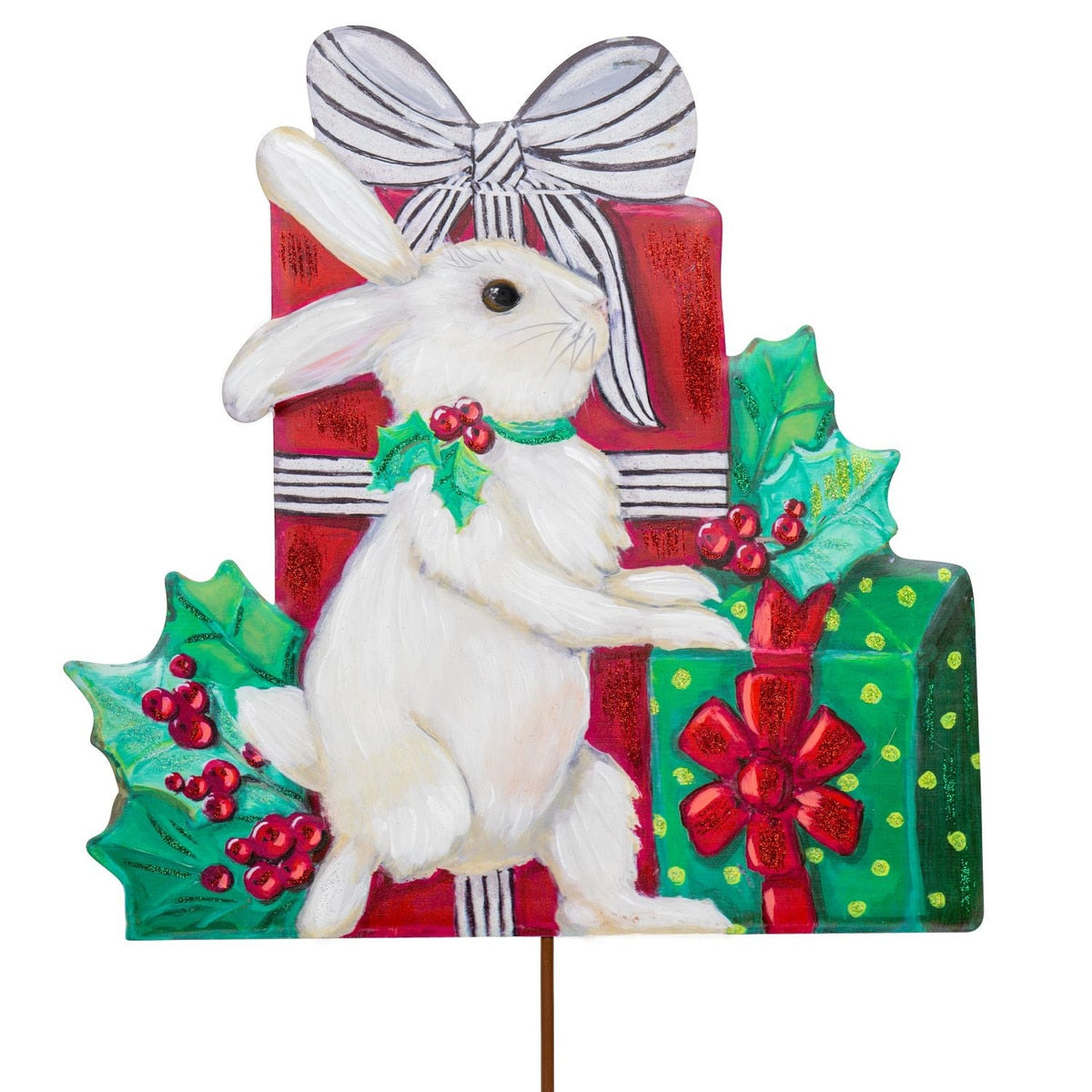 White ceramic rabbit figurine with gift box on easel stand