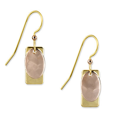 Gold earrings with rectangular base and oval overlay, accented with a small bead.