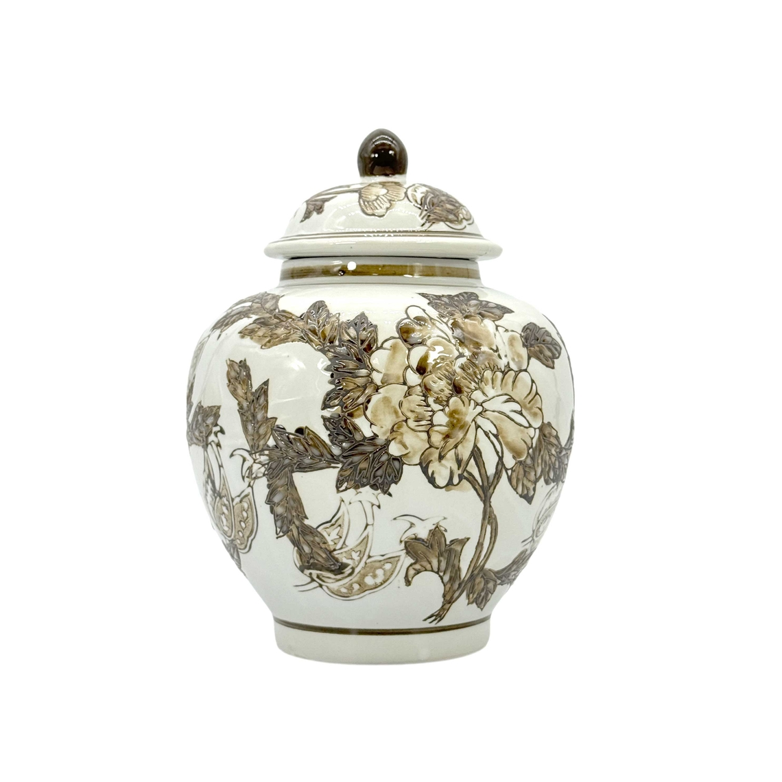 10-inch brown and white chinoiserie ceramic urn style jar with floral design and lid.