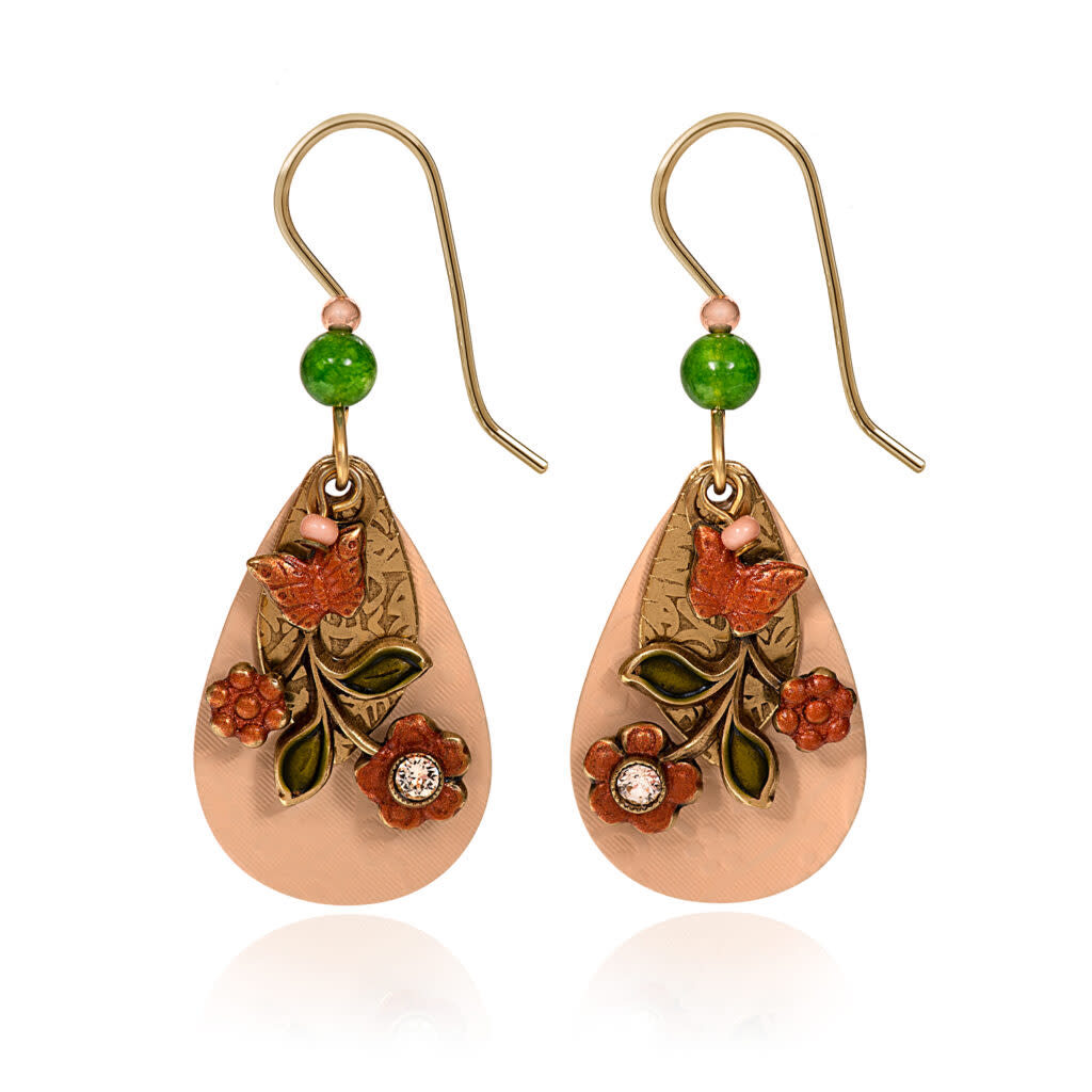 Tear with Floral Swag Earrings featuring copper teardrops, orange flowers, and green glass beads.