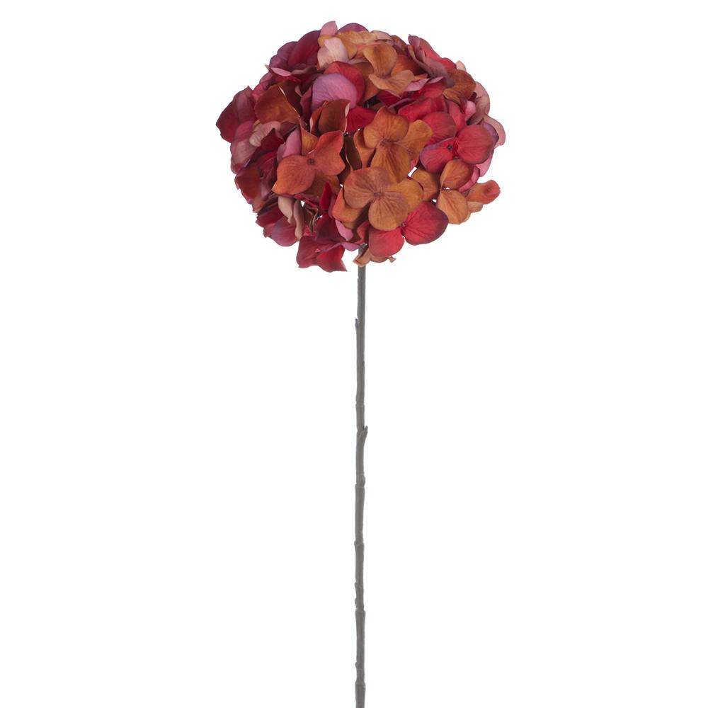 30 inch artificial hydrangea spray with a full round head of deep red and burnt orange petals.