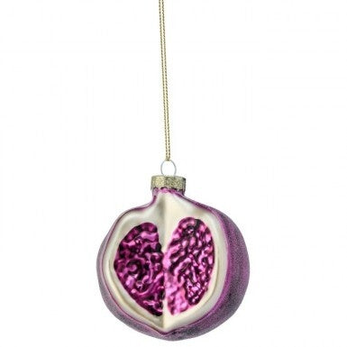 3-inch glass pomegranate slice ornament in wine-purple with a gold hanging string.
