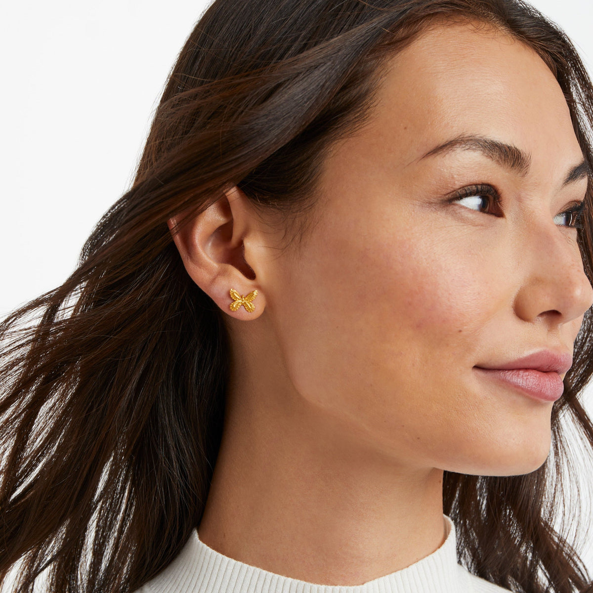 Gold-plated butterfly stud earring with a polished finish.