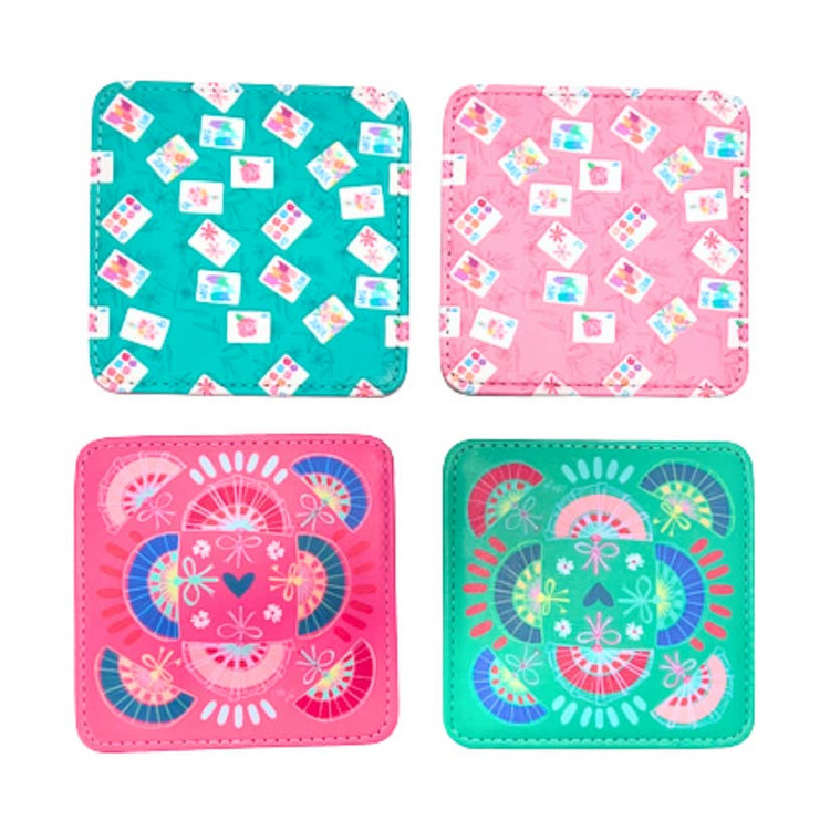 Set of 4 square Bonjour Mahjong coasters in pink and teal with card and fan patterns.