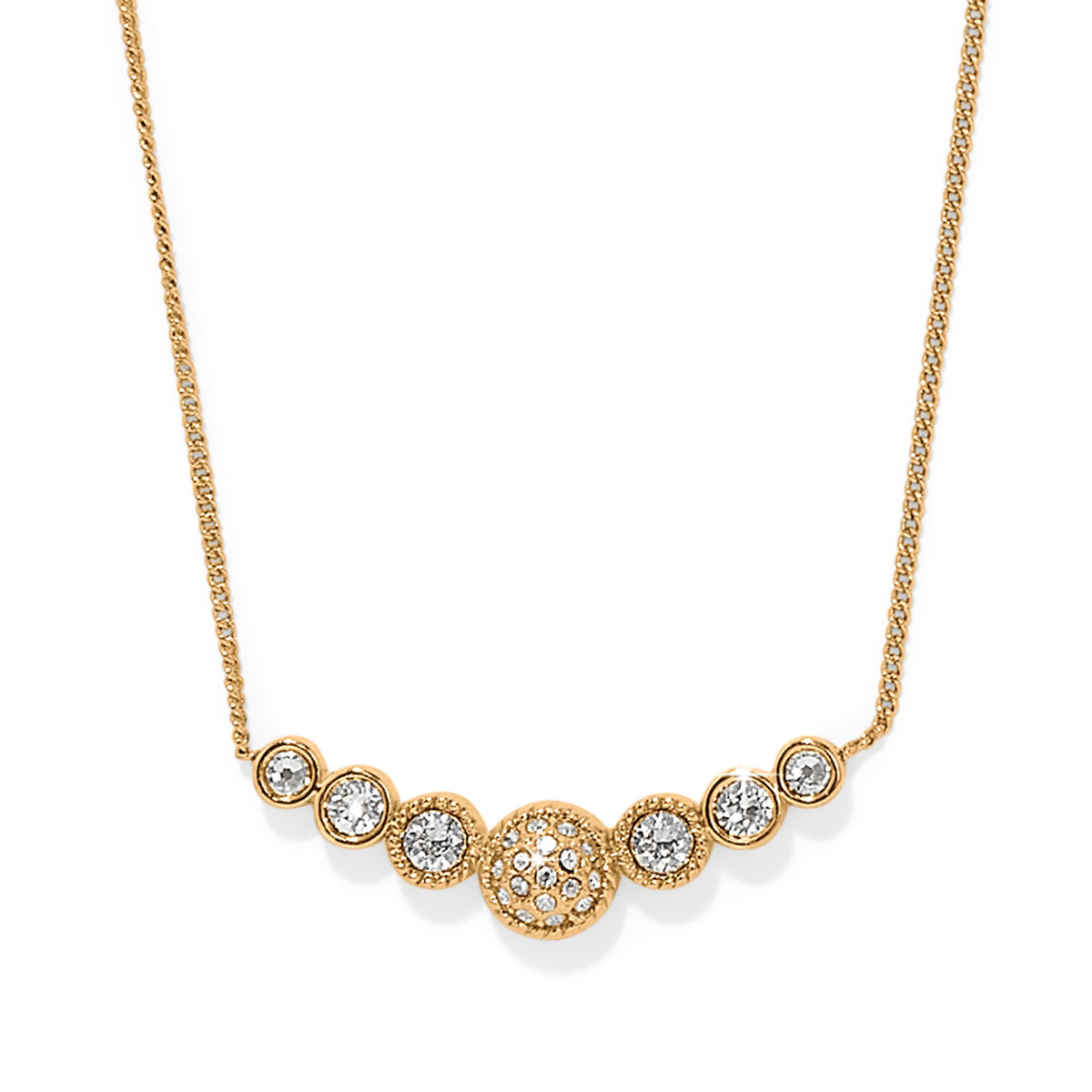 Illumina Celeste Bar Gold Necklace with seven graduated crystal-set circular pendants on a chain.