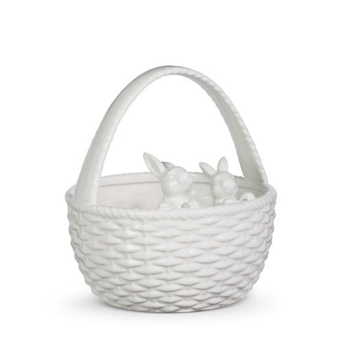 Ceramic white basket with bunny figures measuring 8 inches wide by 8.5 inches high