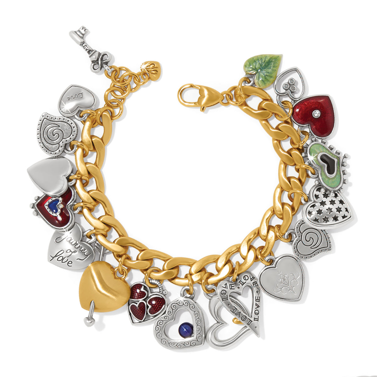 One Heart Color Charm Bracelet with gold-tone chain and various silver, red, and green heart charms.