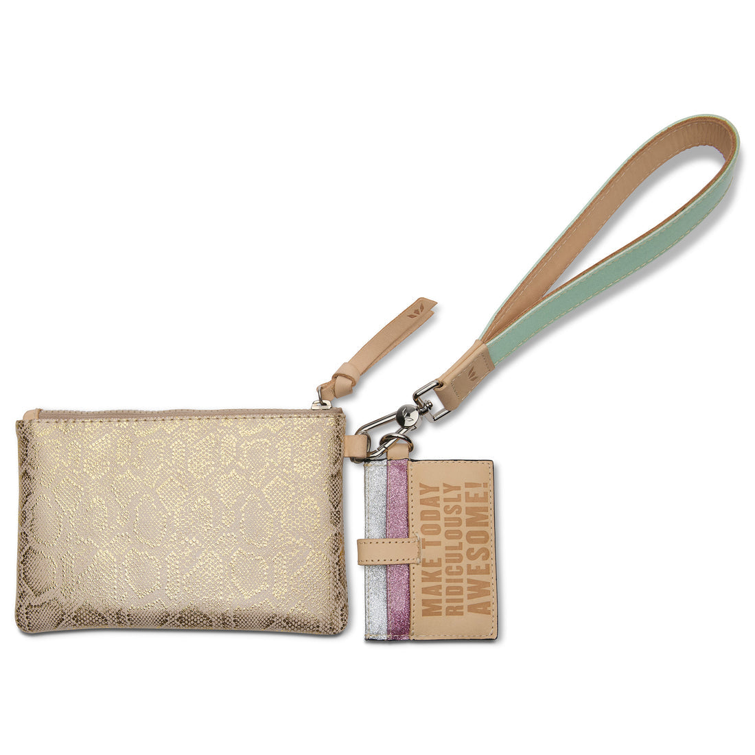 Diego leather wristlet with five card slots, D-ring detail, attached pouch, and long strap.