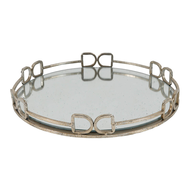 Round mirrored tray with a silver reflective surface and simple rim.