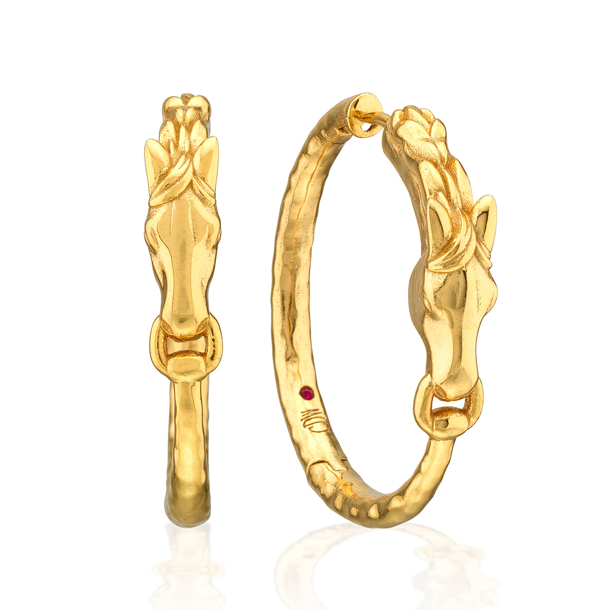 Gold equestrian hoop earrings featuring a sculpted horsehead motif with mane and bit detailing.