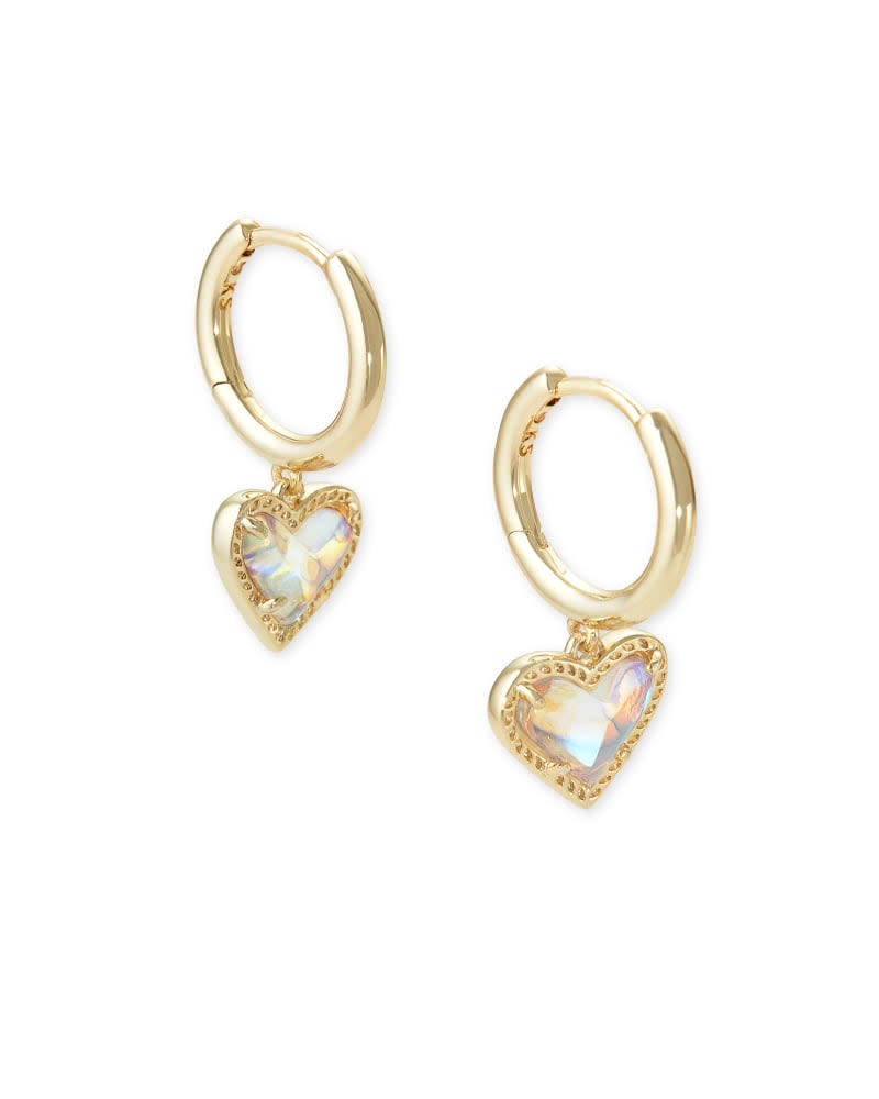 Gold Ari Heart Huggie Earrings with iridescent heart-shaped charms and textured borders.
