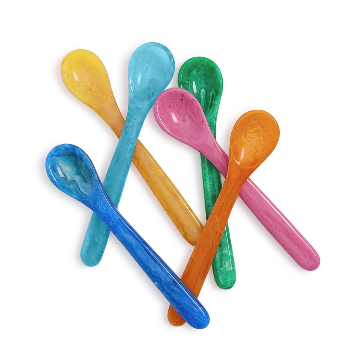 A collection of colorful, marbled resin spoons in blue, green, pink, orange, and yellow.